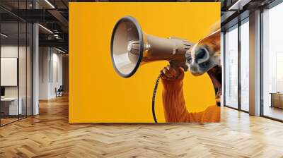 Creative banner a horse with a human-like pose using a megaphone. Horse head with a stylized human body dressed in a sweater, set against a solid orange background. Wall mural