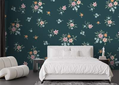 Fashionable pattern with small flowers on a green background. Seamless botanical print with various floral elements. A collection of vintage textiles for fabric and wallpaper. Wall mural