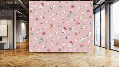 Fashionable pattern with small flowers on a pink background. Seamless botanical print with various floral elements. Collection of vintage textiles. Wall mural