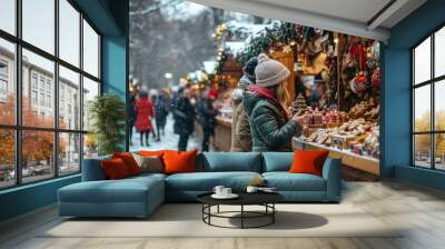 Festive christmas market scene with snow and decorations. Wall mural