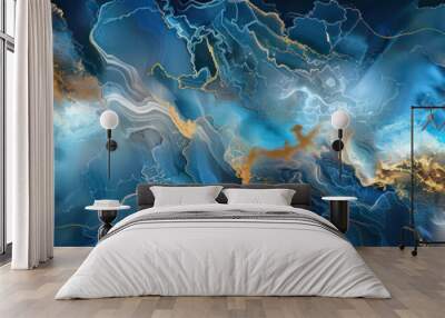 Blue marble texture background with gold watercolor waves pattern. Luxury art. Silver blue water background Wall mural