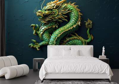 Chinese green wooden dragon 3d illustration. Chinese New Year 2024. Festive Chinese 3d dragon figurine isolated on solid background Wall mural