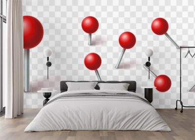 Red ball pins sticking out of the paper. Vector collection. Realistic illustrations of pushpins with red balls and shadows isolated on checkered background. Decorations for photo collage. Wall mural