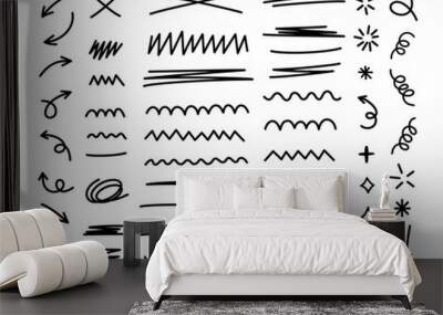 Scribble doodle line shapes set. Hand drawn design elements collection. Black brush strokes bundle. Wall mural