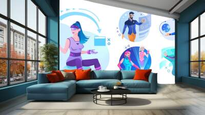 Virtual reality and augmented reality. People and future technologies. Set of futuristic vector illustrations in cyberpunk style for presentation slides or websites design. Wall mural