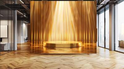 Golden podium. A round, shiny gold podium illuminated by dramatic vertical spotlights, ideal for showcasing an award or product. Wall mural