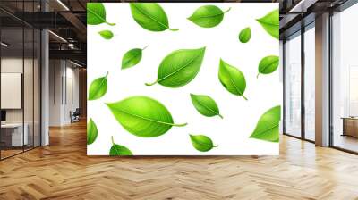 Green leaves in motion. Realistic depiction of green leaves flying on a transparent background, capturing the essence of nature's dynamism. Wall mural