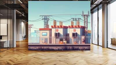 Illustration of a substation with switchgear and a transmission transformer. Colorful and stylized concept of electrical infrastructure with power lines and industrial buildings Wall mural