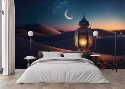 Islamic muslim holiday background with golden eid lamp in the desert with moonlight. Generative AI Wall mural