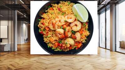 Fried Rice with fresh shrimp, rice, green onions, vegetables and lime in a bowl. Healthy Thai food isolated on white background. Top view, directly above shot with space for text. Wall mural