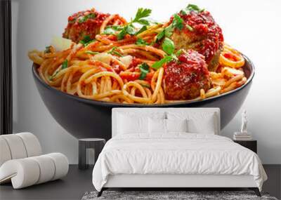 Pasta with meatballs, parmesan and tomato sauce in a clay bowl. Homemade Italian spaghetti isolated on white background. Wall mural