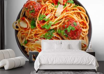 Spaghetti with meatballs, parmesan and tomato sauce in a bowl. Tasty Italian pasta food. Top view shot above isolated on white background. Wall mural