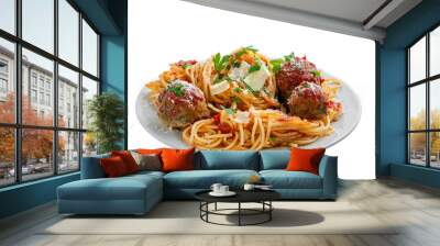 Traditional Italian spaghetti with meatballs and parmesan in tomato sauce on a white plate. American family meal isolated on white background. Wall mural