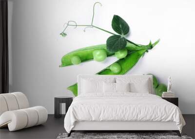 Open pod of green peas, isolated on a white background. Wall mural