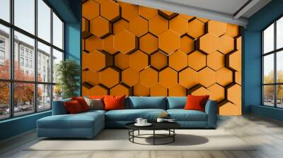 Network connection with financial business concept. Cryptocurrency block chain system of future banking technology. 3d rendering. Glossy surface. Futuristic surface with golden hexagons. Big data Wall mural