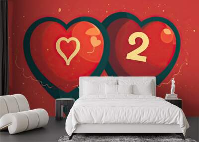 Number 2 Illustration with Heart-Shaped Balloons for Romantic Occasions Wall mural