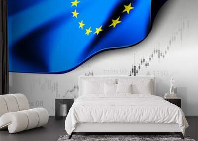 EU economics illustration with the european union flag and business chart, bar chart stock numbers bull market, uptrend line graph symbolizes the growth Wall mural