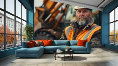 portrait of a rugged construction worker in high-visibility gear, with an excavator in the backgroun Wall mural