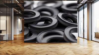 Precision engineering concept. A close-up of numerous high-quality rubber gaskets, an essential component in automotive and machinery for creating tight seals Wall mural