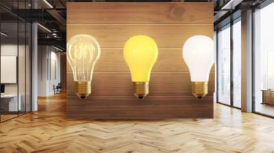 Set of electric lamps, edison, tungsten, fluorescent and led. Isolated on a wood background. Incandescent lamp with bright light. Concept of business idea Wall mural