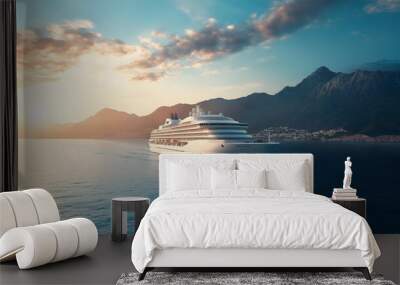 Luxurious modern white cruise liner sailing on the blue sea with great mountains backdrop view Wall mural