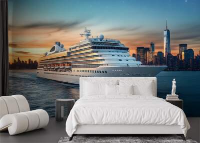 Luxurious modern white cruise liner sailing on the blue sea with great New York backdrop view Wall mural