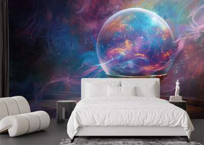 Crystal ball on a mystical table with swirling cosmic colors Wall mural