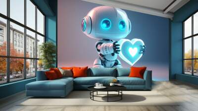 Cute little robot assistant with heart in his hands on blue background. Friendly chat bot character. Generative AI Wall mural