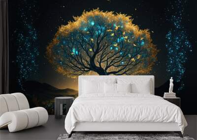 Golden tree illustration on dark background. Mystical forest. Generative AI Wall mural