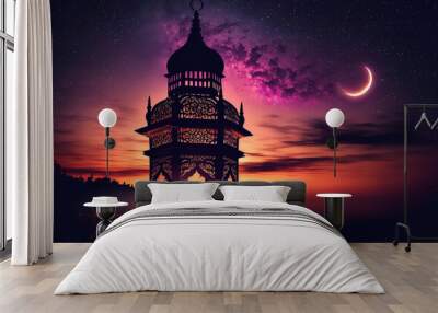 Illuminated lamp of Ramadan Kareem. Lantern with serene mosque background. Night sky with crescent moon. Generative AI Wall mural