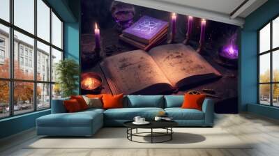 Magic old book of witchcraft with candles on the table. Dark fantasy illustration. Generative AI Wall mural