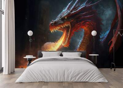 Red giant dragon breathing fire on dark background. Mythology creature portrait. Fantasy art. Generative AI Wall mural