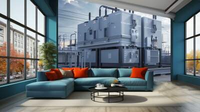 Substation with close-up on switchgear and a transmission tower. Industrial electrical equipment and high-voltage power lines against a cloudy sky backdrop Wall mural