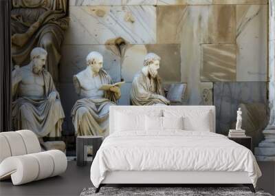 Three marble statues of ancient Greek philosophers seated in the Agora. Each statue depicts a bearded philosopher holding or reading a book Wall mural