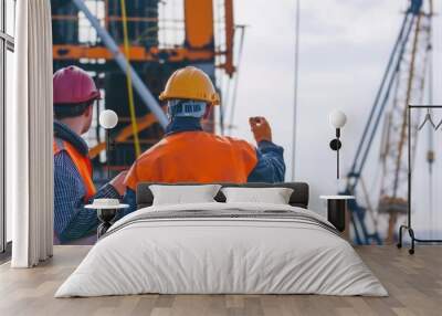 Two engineers in high-visibility vests and hard hats overseeing the construction of an offshore oil platform. They stand together, discussing plans while pointing toward the rig's structure Wall mural