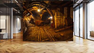 Underground mining tunnel with rails. Copy space. Work in an underground coal mine Wall mural