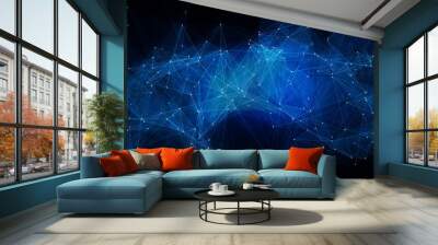 Vector abstract futuristic digital landscape with particles dots and stars on horizon. computer geometric digital connection structure. Futuristic blue abstract grid. Intelligence artificial Wall mural