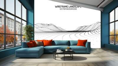 Vector retro futuristic background. Abstract digital landscape with particles dots and stars on horizon. Wireframe landscape background. Big Data Digital retro landscape Retro Sci-Fi Background. Wall mural