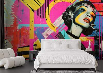 Vibrant and eclectic pop art collage featuring a woman's face with colorful abstract shapes and patterns. The background is filled with neon colors, geometric designs, and retro elements Wall mural