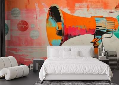 Vibrant collage art featuring a megaphone set against a mixed-media background with urban skyline imagery. The composition combines retro and contemporary elements Wall mural