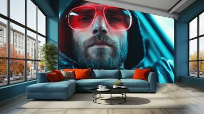 A bearded man wearing a hoodie and red-tinted glasses is shown in a deep reflective mood inside a car, highlighting solitude and introspection. Wall mural