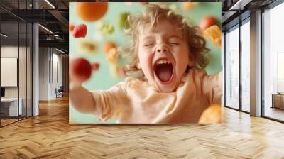 A cheerful child with wide open mouth laughing as various fruits swirl around them against a vibrant background, encapsulating innocence and playfulness. Wall mural