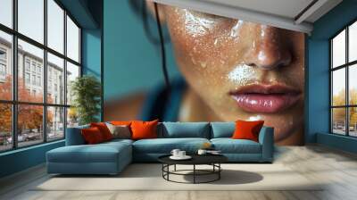 A close-up image captures a person touching their face with a wet hand, with droplets of water visible, creating a sense of coolness and tactile sensation. Wall mural