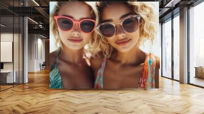 A close-up shot of two women wearing sunglasses and smiling at the beach, exuding style, joy, and summer vibes amid the sunny coastal backdrop. Wall mural