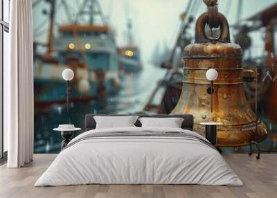 A close-up view of a rusty ship's bell on a deck with several boats moored in the background under a cloudy sky. The picture evokes a sense of maritime history and nostalgia. Wall mural