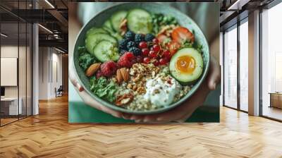 A colorful vegan bowl filled with fresh vegetables, grains, avocado, nuts, and an egg is being held, showcasing a perfect blend of health and aesthetics in vibrant colors. Wall mural