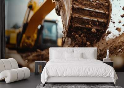 A detailed image of an excavator's bucket in action, digging into the earth on a construction site. Dirt is seen flying as the powerful machine works. Wall mural