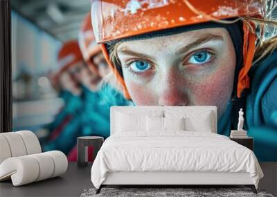 A determined ice skater wearing an orange helmet, intensely focused and ready for a competitive race, captured closely to reveal their concentration and adrenaline. Wall mural