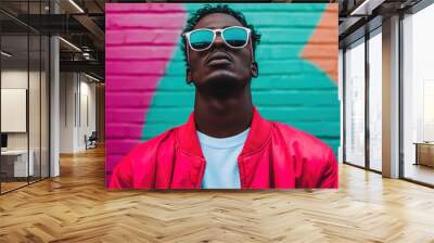 A fashionable man wearing sunglasses stands confidently before a vibrant, colorful mural, highlighting urban style and self-assurance in the contemporary era. Wall mural