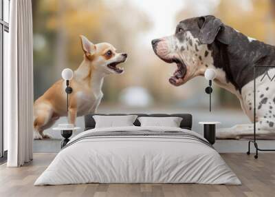 A feisty little chihuahua stands up to a large barking dalmatian in the middle of the street, symbolizing courage, confrontation, and the unlikely battles of life. Wall mural